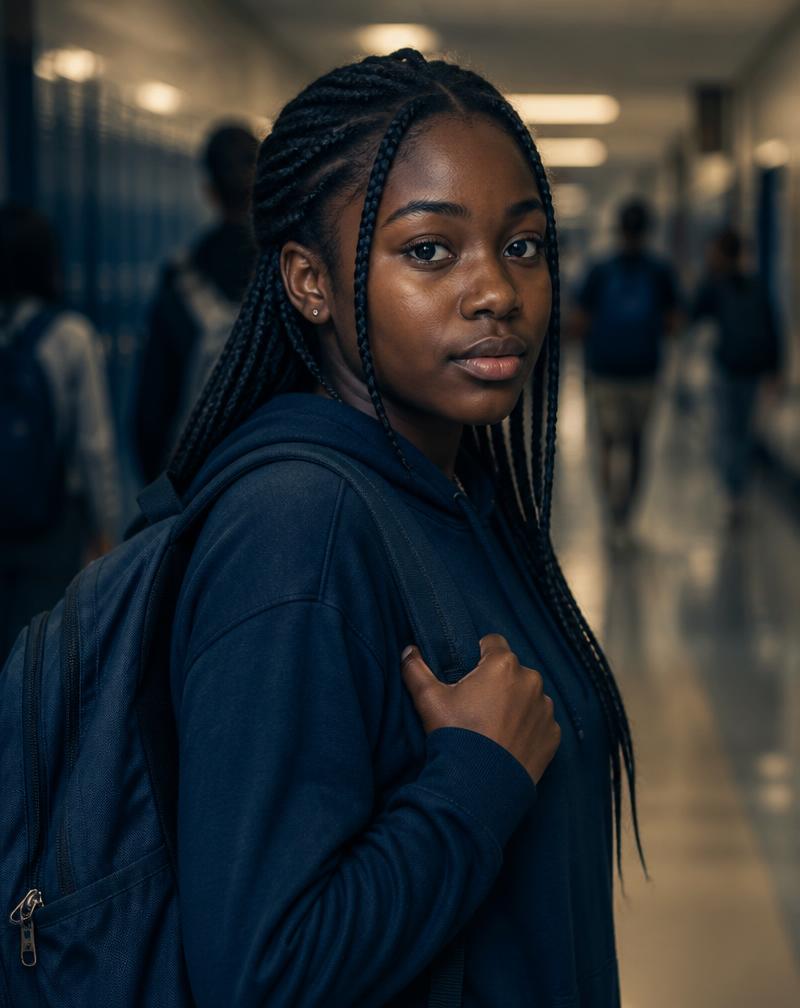 A teenager in a school hallway