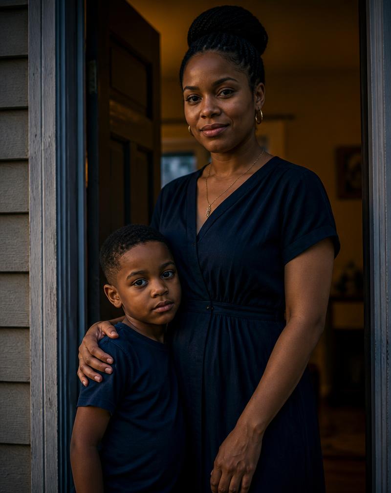 A parent and child in the doorway of their home
