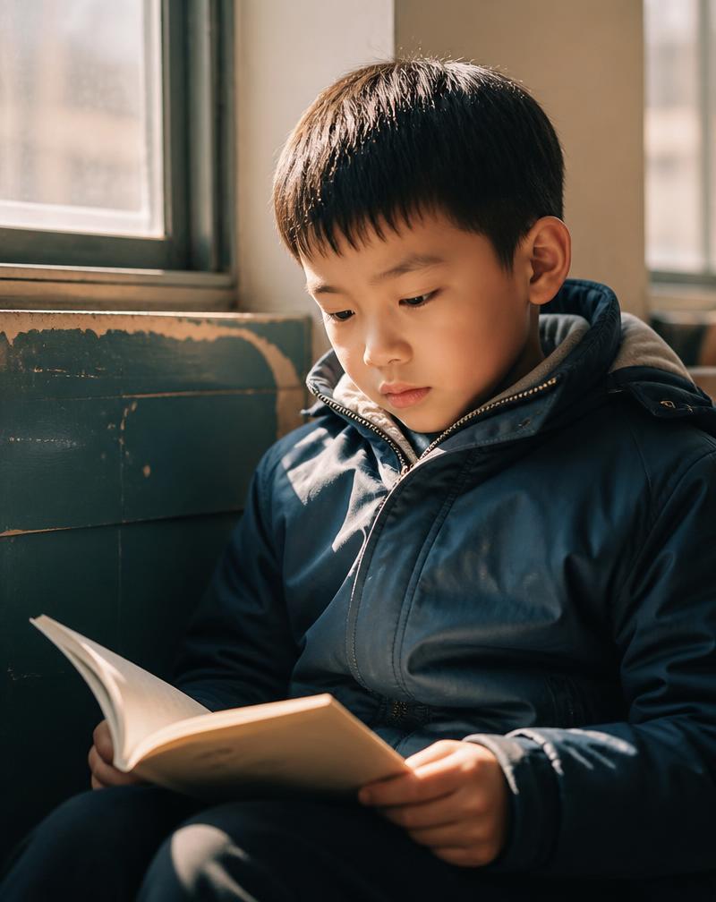 A child reading beside a classroom window