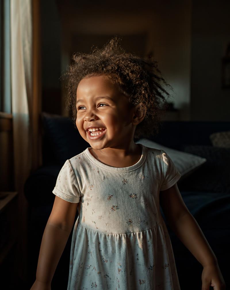 A toddler laughing in window light
